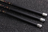 Three carbon telescopic stream rod sections side by side